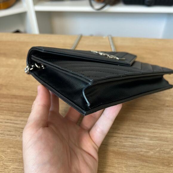 Saint Laurent YSL Grain De Poudre Matelasse Chevron Envelope Chain Wallet Black - Picture 7 of 13